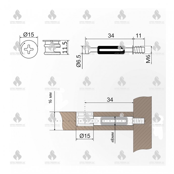 Minifix set direct confirmat screw assembly with head for 16 mm. chipboard Fittings and fasteners