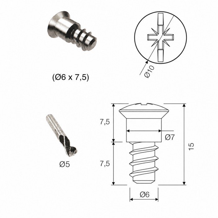 Screw for fixing shelf carrier F6x7,5 Shelf and glass support and mirror holder