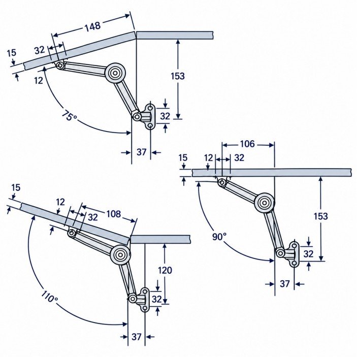 Two-way lid stay 7. Dampers and scissors for lifting and falling doors
