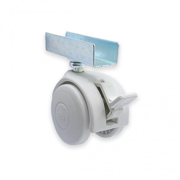 Twin wheel caster with U-plate and brake ф50 white 09L.022.01 - Furniture casters Twin wheel caster with U-plate and brake ф50 white Furniture casters