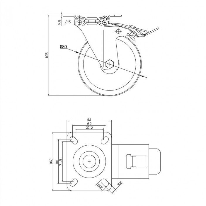 Large metal castor with plate and stopper, Ø80 9. Furniture casters
