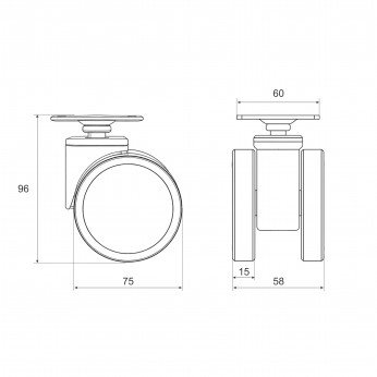 Furniture castor Ø75 mm with plate, load up to 60 kg, gray/white 9. Furniture casters