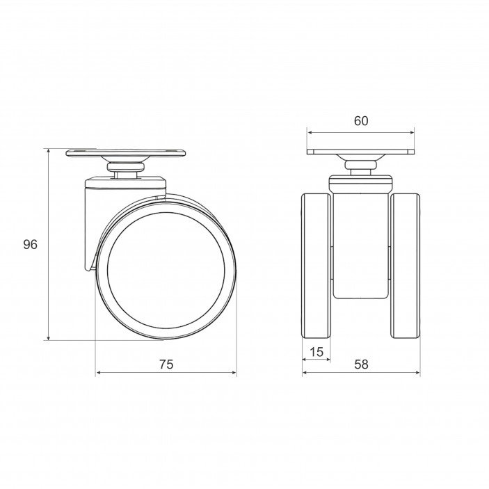 Мебелно колелце Ø75 мм с планка, товар до 60 кг, сиво/бяло 9. Мебелни колелца