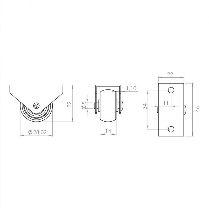 One-way caster wheel Ø28 mm, height 33 mm, load capacity up to 15 kg 9. Furniture casters