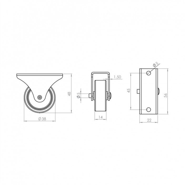 One-way caster wheel Ø38 mm, height 45 mm, load capacity up to 35 kg 9. Furniture casters