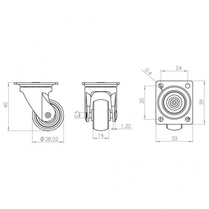Castor with bearing Ø28, height 40 mm, up to 40 kg. 9. Furniture casters