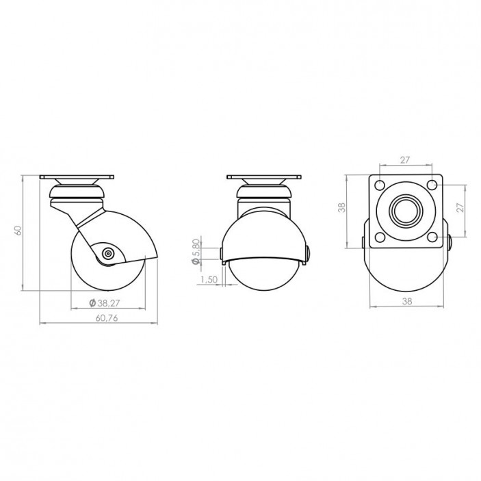 Spherical caster with bearing Ø40, height 60 mm, up to 35 kg 9. Furniture casters