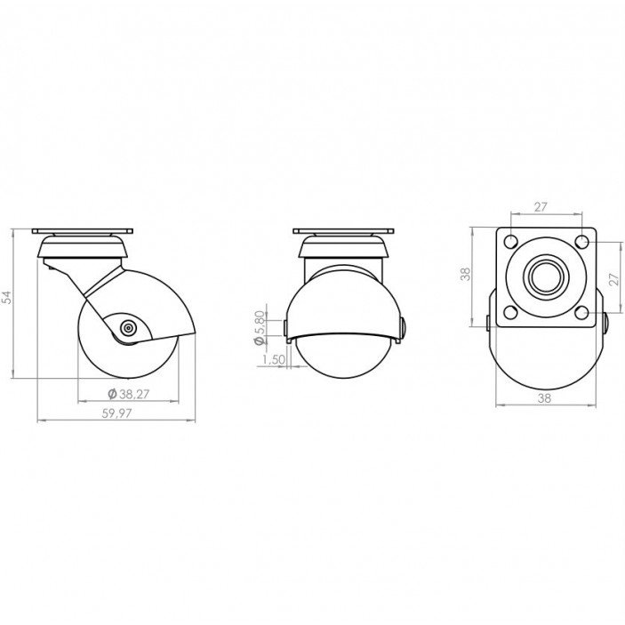 Spherical caster with double bearing Ø40, height 60 mm, up to 38 kg 9. Furniture casters