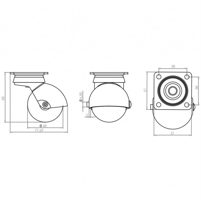 Spherical caster with double bearing, white, Ø50, height 70 mm, up to 50 kg 9. Furniture casters
