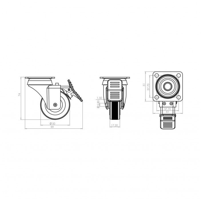 Caster with double bearing and stopper, white-black, Ø50, height 74 mm, up to 45 kg. 9. Furniture casters
