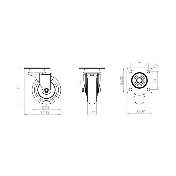 Caster with double bearing, white, Ø75, height 95 mm, up to 50 kg. 9. Furniture casters