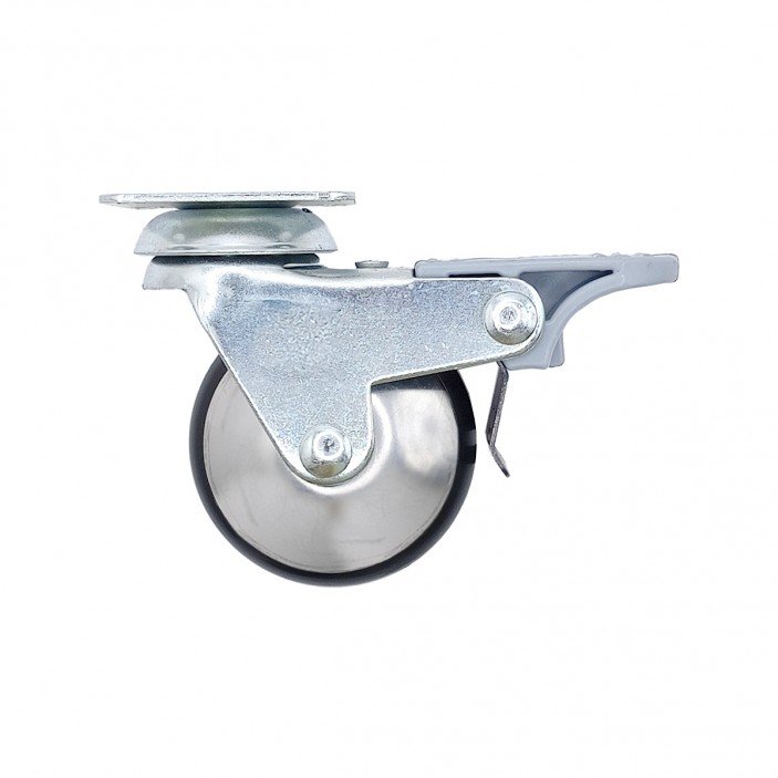 Декоративно мебелно колелце Ф50 мм с двоен лагер и стопер – хром, монтаж с планка, товароносимост 25 кг 9. Мебелни колелца