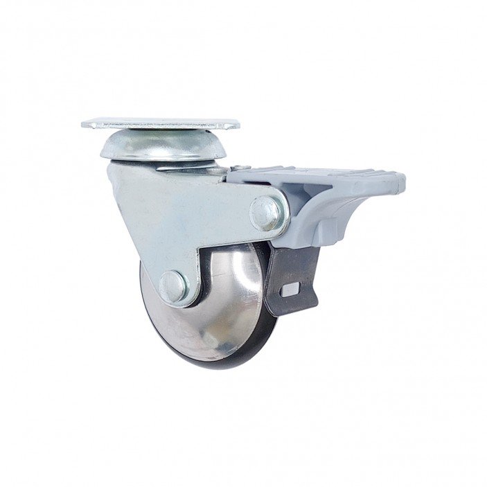 Декоративно мебелно колелце Ф50 мм с двоен лагер и стопер – хром, монтаж с планка, товароносимост 25 кг 9. Мебелни колелца