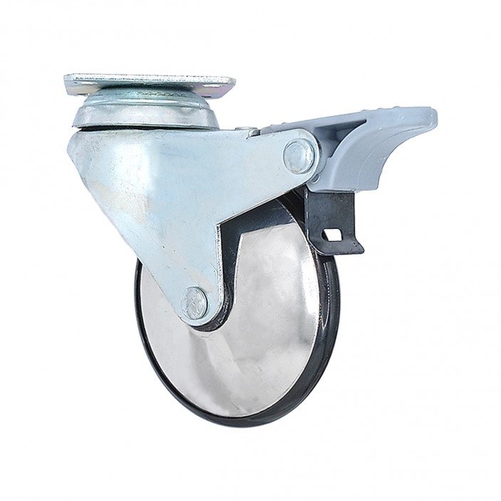 Декоративно мебелно колелце Ф75 мм с двоен лагер и стопер, монтаж с планка, товароносимост 30 кг 9. Мебелни колелца