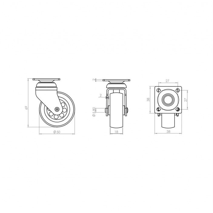 Decorative castor with double bearing, plate mounting, transparent, Ø50 mm, height 69 mm, up to 38 kg 9. Furniture casters