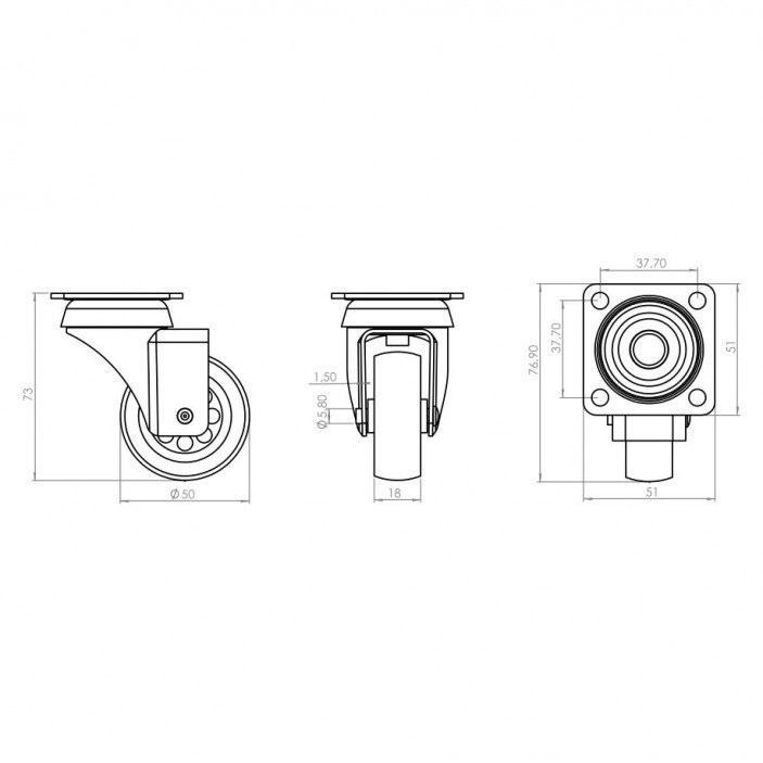Decorative castor with double bearing, plate mounting, transparent, Ø50 mm, height 73 mm, up to 40 kg 9. Furniture casters