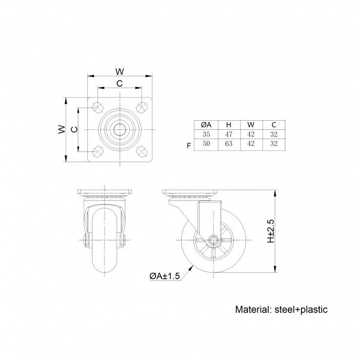 IVENTO K - Декоративно мебелно колелце - прозрачно, ф50 9. Мебелни колелца
