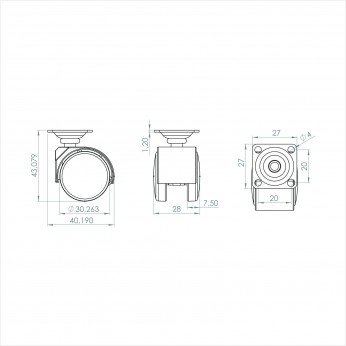 Plastic furniture castor with plate Ø30, load capacity 15 kg. 9. Furniture casters