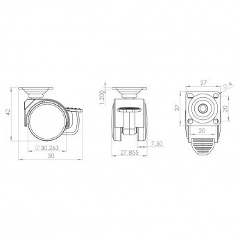 Plastic furniture castor with plate and stopper Ø30, load capacity 15 kg. 9. Furniture casters