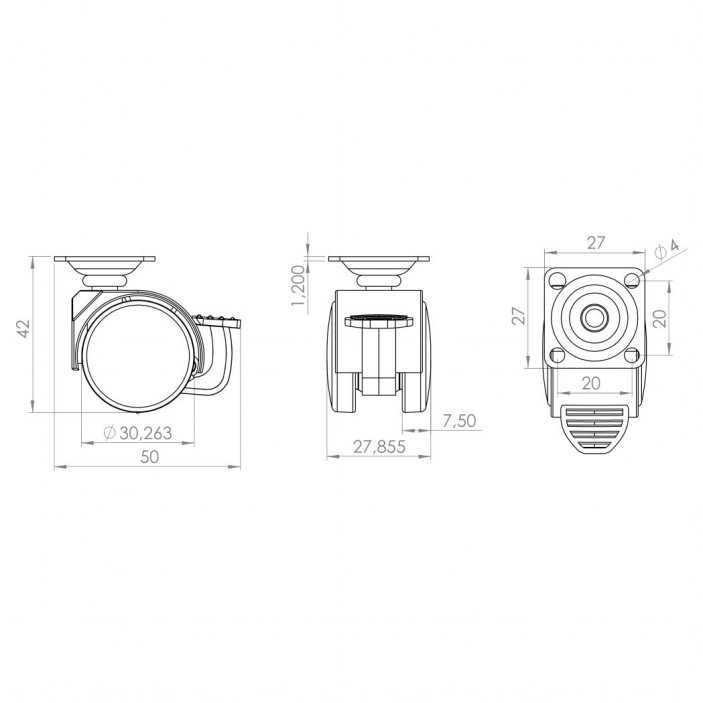 Twin wheel caster with brake ф30 09L.007.02 - Furniture casters Twin wheel caster with brake ф30 Furniture casters