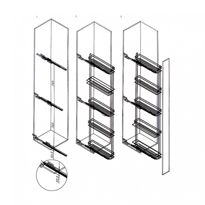 Built-in mechanism with 5 baskets for hidden guide with partial opening Kitchen cabinet mechanisms and racks