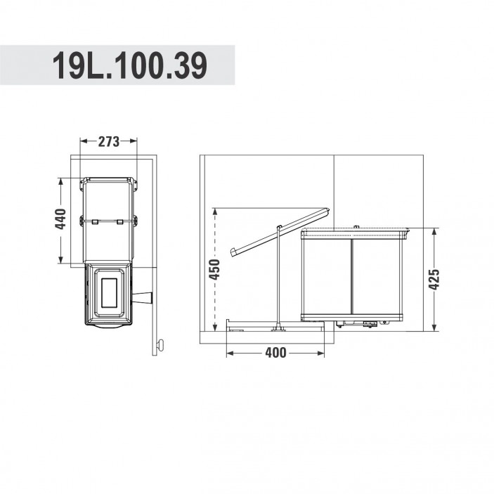 Кошче за боклук за вграждане с два контейнера за разделно събиране, капацитет 14+14 л., за шкаф 400 мм 19L.100.39 - 19. Аксесоари за кухня Кошче за боклук за вграждане с два контейнера за разделно събиране, капацитет 14+14 л., за шкаф 400 мм 19. Аксесоари за кухня