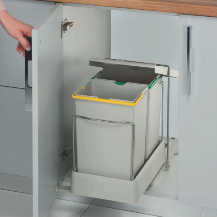 Кош за боклук за вграждане в шкаф, два контейнера за смет, 14+14L, механизъм за автоматично отваряне 19. Аксесоари за кухня