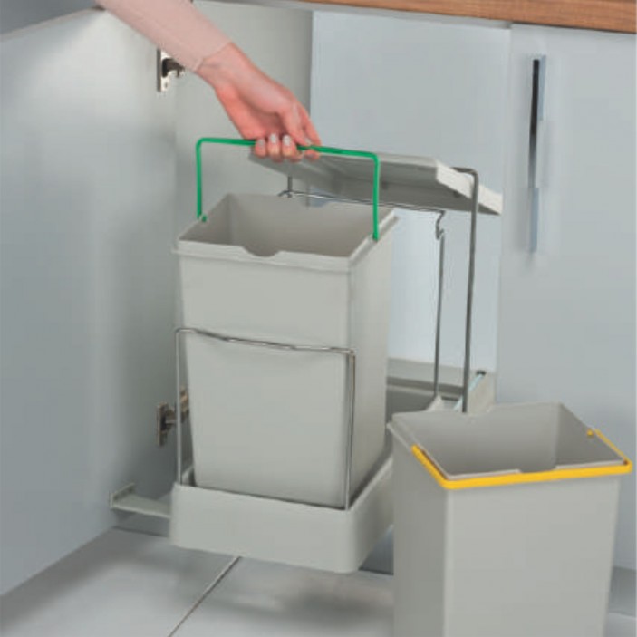 Кош за боклук за вграждане в шкаф, два контейнера за смет, 14+14L, механизъм за автоматично отваряне 19. Аксесоари за кухня