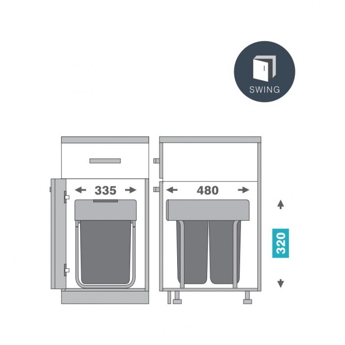 IVENTO built-in basket with four compartments for storing vegetables – dark gray – 32 l (4 × 8 l) – for 400 mm cabinet 19. Kitchen accessories