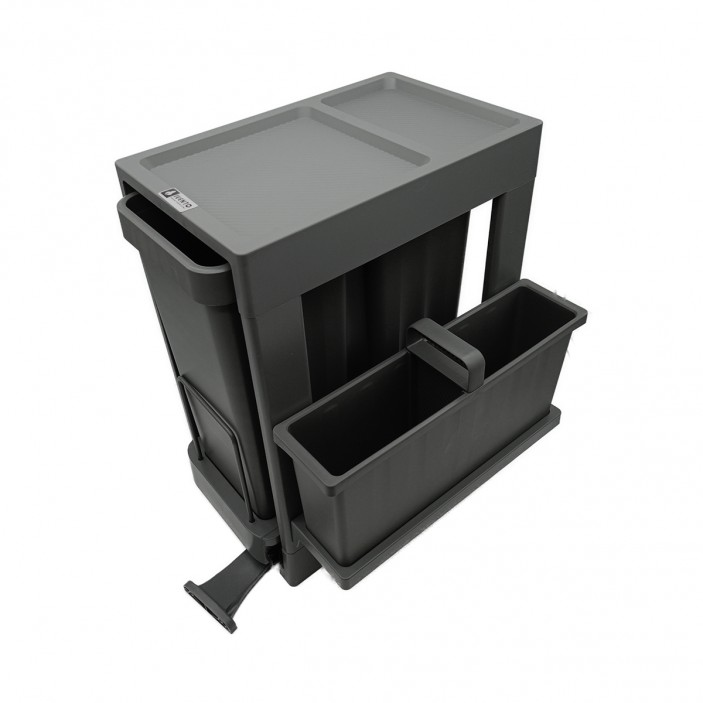 IVENTO Kош за вграждане в шкаф с панти. Два контейнера за отпадъци и допълнителни отделения за съхранение на препарати, четки и гъби – тъмносив – 26 л (2 × 13 л) – за шкаф 400 мм 19. Аксесоари за кухня