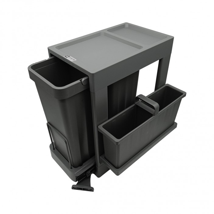 IVENTO Kош за вграждане в шкаф с панти. Два контейнера за отпадъци и допълнителни отделения за съхранение на препарати, четки и гъби – тъмносив – 26 л (2 × 13 л) – за шкаф 400 мм 19. Аксесоари за кухня