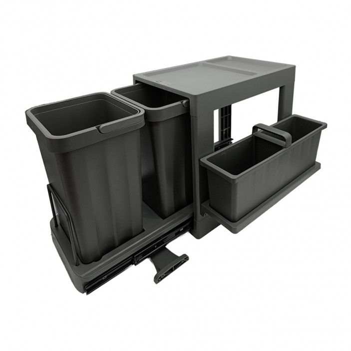IVENTO Kош за вграждане в шкаф с панти. Два контейнера за отпадъци и допълнителни отделения за съхранение на препарати, четки и гъби – тъмносив – 26 л (2 × 13 л) – за шкаф 400 мм 19. Аксесоари за кухня