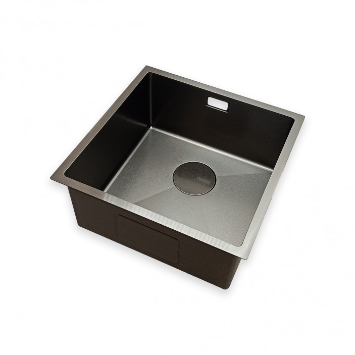 IVENTO Sink with siphon for installation under and above the counter. The special embossed coating protects against scratching and ensures silent water drainage. Size 440x440x210 mm, Color black 20. Kitchen sinks and vent hoods