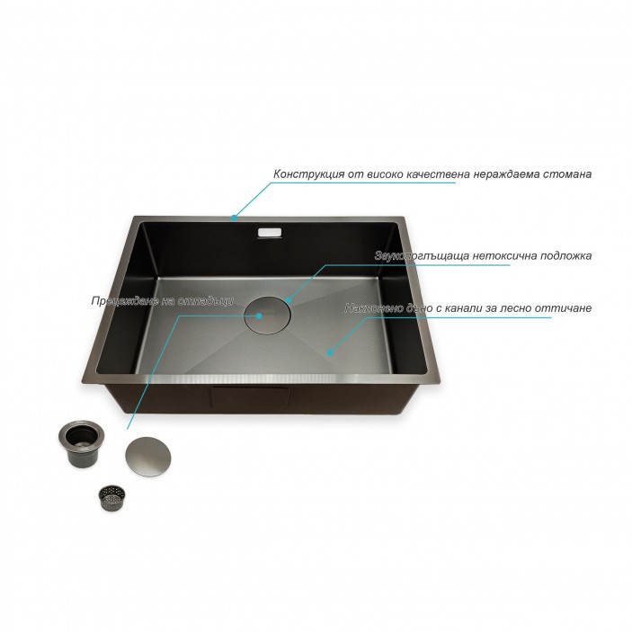 IVENTO Sink with siphon for installation under and above the counter. The special coating protects against scratches and ensures silent water drainage. Size 440x440x210 mm, 20. Kitchen sinks and vent hoods