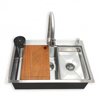 IVENTO Multifunctional kitchen sink with accessories - dispenser for vero or soap, 1 tray for washing and draining, cutting board and cup washer, 1 deep bowl with dimensions 750x500x230mm - Brushed Inox 20. Kitchen sinks and vent hoods
