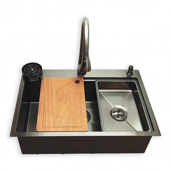 IVENTO Multifunctional kitchen sink with accessories - dispenser for vero or soap, 1 tray for washing and draining, cutting board and cup washer, 1 deep bowl with dimensions 750x500x230mm - Nano black 20. Kitchen sinks and vent hoods