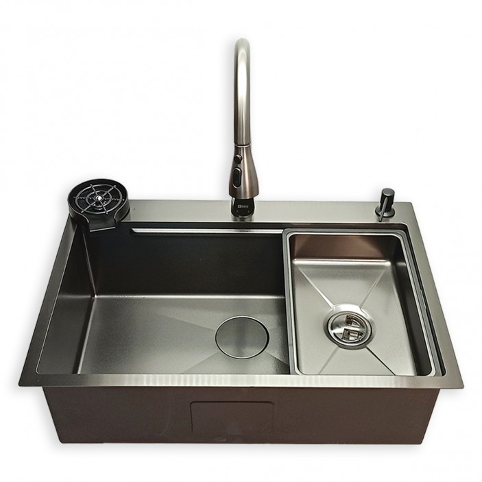 IVENTO Multifunctional kitchen sink with accessories - dispenser for vero or soap, 1 tray for washing and draining, cutting board and cup washer, 1 deep bowl with dimensions 750x500x230mm - Nano black 20. Kitchen sinks and vent hoods