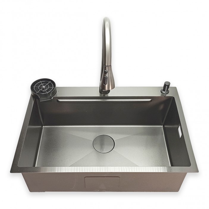 IVENTO Multifunctional kitchen sink with accessories - dispenser for vero or soap, 1 tray for washing and draining, cutting board and cup washer, 1 deep bowl with dimensions 750x500x230mm - Nano black 20. Kitchen sinks and vent hoods