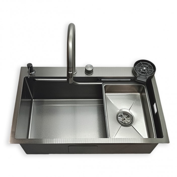 IVENTO Multifunctional sink with pull-out spout, waterfall effect mixer, two removable draining and washing trays, glass washing area, built-in detergent dispenser. 760x480x230 mm. Nano black with relief 20L.041.52 - 20. Kitchen sinks and vent hoods IVENTO Multifunctional sink with pull-out spout, waterfall effect mixer, two removable draining and washing trays, glass washing area, built-in detergent dispenser. 760x480x230 mm. Nano black with relief 20. Kitchen sinks and vent hoods