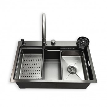 IVENTO Multifunctional sink with pull-out spout, waterfall effect mixer, two removable draining and washing trays, glass washing area, built-in detergent dispenser. 760x480x230 mm. Nano black with relief 20. Kitchen sinks and vent hoods