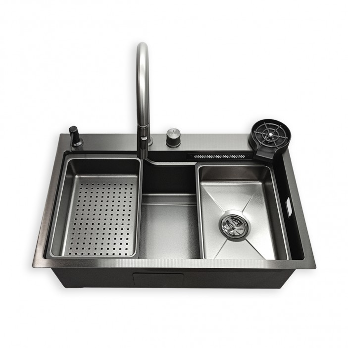 IVENTO Multifunctional sink with pull-out spout, waterfall effect mixer, two removable draining and washing trays, glass washing area, built-in detergent dispenser. 760x480x230 mm. Nano black with relief 20L.041.52 - 20. Kitchen sinks and vent hoods IVENTO Multifunctional sink with pull-out spout, waterfall effect mixer, two removable draining and washing trays, glass washing area, built-in detergent dispenser. 760x480x230 mm. Nano black with relief 20. Kitchen sinks and vent hoods