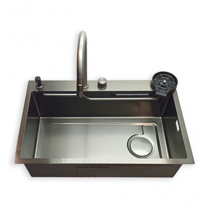 IVENTO Multifunctional sink with pull-out spout, waterfall effect mixer, two removable draining and washing trays, glass washing area, built-in detergent dispenser. 760x480x230 mm. Nano black with relief 20L.041.52 - 20. Kitchen sinks and vent hoods IVENTO Multifunctional sink with pull-out spout, waterfall effect mixer, two removable draining and washing trays, glass washing area, built-in detergent dispenser. 760x480x230 mm. Nano black with relief 20. Kitchen sinks and vent hoods