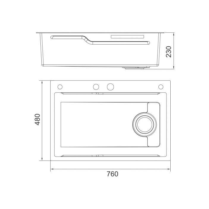 IVENTO Multifunctional sink with pull-out spout, waterfall effect mixer, two removable draining and washing trays, glass washing area, built-in detergent dispenser. 760x480x230 mm. Gold embossed 20. Kitchen sinks and vent hoods
