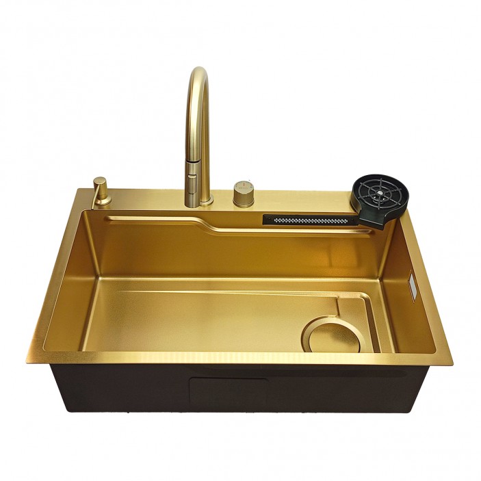 IVENTO Multifunctional sink with pull-out spout, waterfall effect mixer, two removable draining and washing trays, glass washing area, built-in detergent dispenser. 760x480x230 mm. Gold embossed 20L.041.53 - 20. Kitchen sinks and vent hoods IVENTO Multifunctional sink with pull-out spout, waterfall effect mixer, two removable draining and washing trays, glass washing area, built-in detergent dispenser. 760x480x230 mm. Gold embossed 20. Kitchen sinks and vent hoods