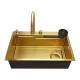IVENTO Multifunctional sink with pull-out spout, waterfall effect mixer, two removable draining and washing trays, glass washing area, built-in detergent dispenser. 760x480x230 mm. Gold embossed 20L.041.53 - 20. Kitchen sinks and vent hoods IVENTO Multifunctional sink with pull-out spout, waterfall effect mixer, two removable draining and washing trays, glass washing area, built-in detergent dispenser. 760x480x230 mm. Gold embossed 20. Kitchen sinks and vent hoods