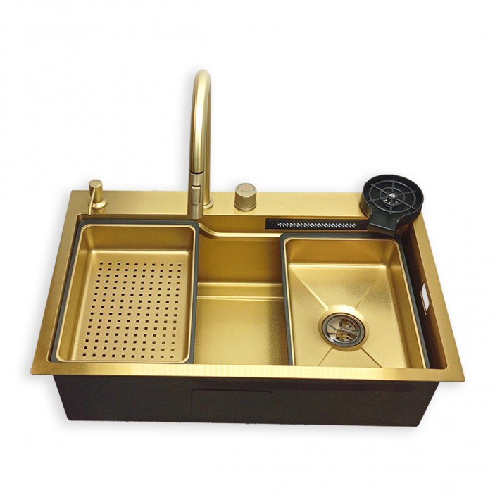 IVENTO Multifunctional sink with pull-out spout, waterfall effect mixer, two removable draining and washing trays, glass washing area, built-in detergent dispenser. 760x480x230 mm. Gold embossed 20L.041.53 - 20. Kitchen sinks and vent hoods IVENTO Multifunctional sink with pull-out spout, waterfall effect mixer, two removable draining and washing trays, glass washing area, built-in detergent dispenser. 760x480x230 mm. Gold embossed 20. Kitchen sinks and vent hoods