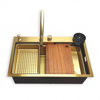 IVENTO Multifunctional sink with pull-out spout, waterfall effect mixer, two removable draining and washing trays, glass washing area, built-in detergent dispenser. 760x480x230 mm. Gold embossed 20. Kitchen sinks and vent hoods