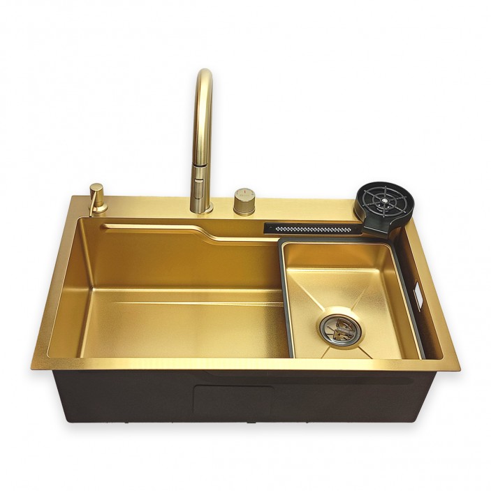 IVENTO Multifunctional sink with pull-out spout, waterfall effect mixer, two removable draining and washing trays, glass washing area, built-in detergent dispenser. 760x480x230 mm. Gold embossed 20L.041.53 - 20. Kitchen sinks and vent hoods IVENTO Multifunctional sink with pull-out spout, waterfall effect mixer, two removable draining and washing trays, glass washing area, built-in detergent dispenser. 760x480x230 mm. Gold embossed 20. Kitchen sinks and vent hoods