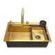 IVENTO Multifunctional sink with pull-out spout, waterfall effect mixer, two removable draining and washing trays, glass washing area, built-in detergent dispenser. 760x480x230 mm. Gold embossed 20L.041.53 - 20. Kitchen sinks and vent hoods IVENTO Multifunctional sink with pull-out spout, waterfall effect mixer, two removable draining and washing trays, glass washing area, built-in detergent dispenser. 760x480x230 mm. Gold embossed 20. Kitchen sinks and vent hoods