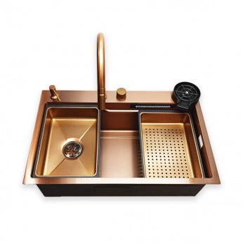 IVENTO Multifunctional sink with pull-out spout, waterfall effect mixer, two removable draining and washing trays, glass washing area, built-in detergent dispenser. 760x480x230 mm. Rose gold embossed 20. Kitchen sinks and vent hoods